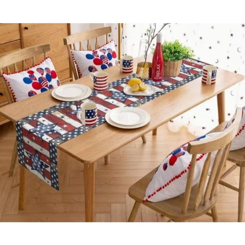 Patriotic Table Runner 13x72in Woven Polyester Red White & Blue Stars